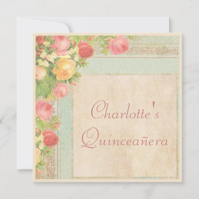 Invitation Élégant Rose Vintage de Quinceañera (Devant)