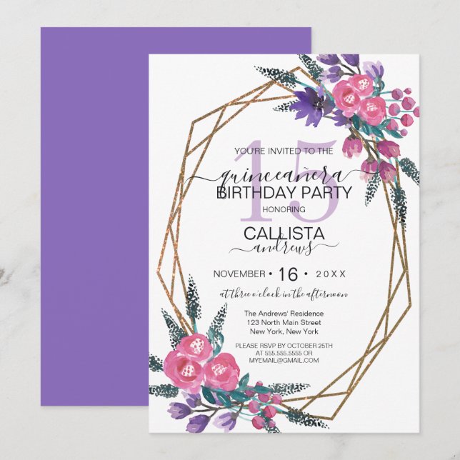 Invitation Elégant rose violet Aquarelle Fleurs Quinceañera (Devant / Derrière)