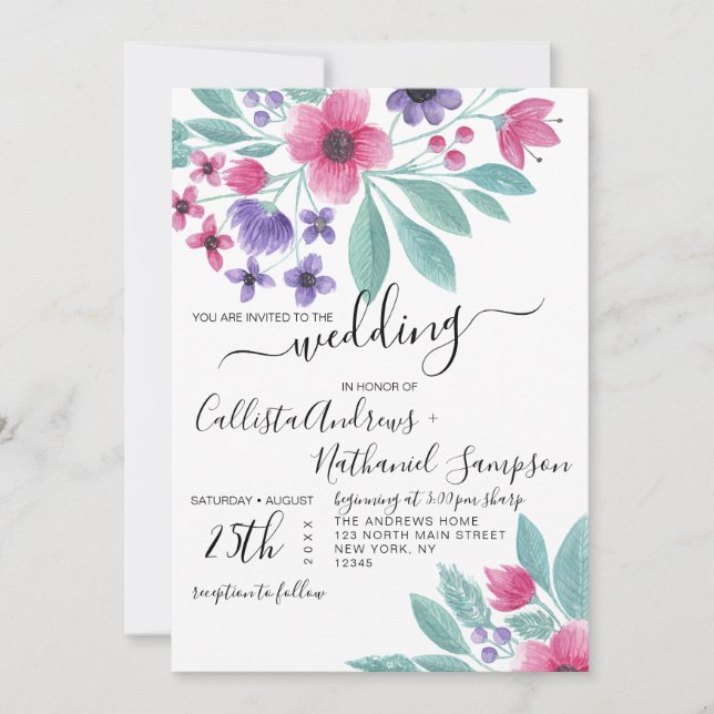 Invitation Elégant rose violet Aquarelle Mariage Floral (Devant)