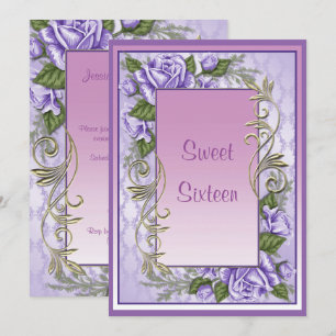 Invitation Elégant Rose violet encadré Sweet sixteen Annivers
