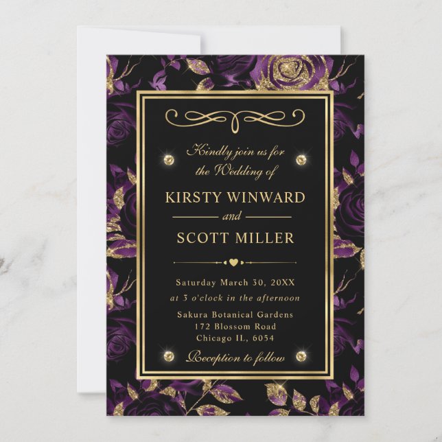 Invitation Élégant Rose violet et or Mariage de motifs florau (Devant)