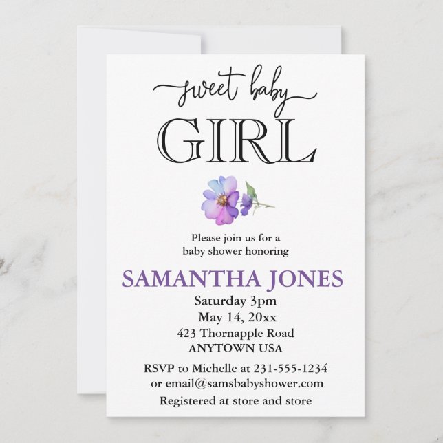 Invitation Élégant rose violet fleur de bébé baby shower fill (Devant)
