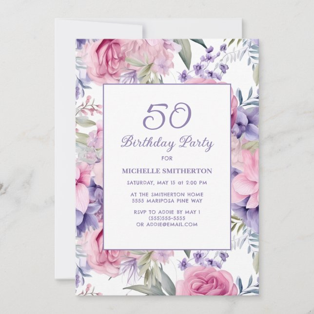Invitation Élégant rose violet fleuri 50e anniversaire (Devant)