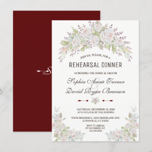 Invitation Élégant Roses Blanches Roses Burgundy Dîner de rép