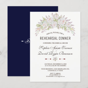 Invitation Élégant Roses Blanches Roses Marine Dîner De Répét