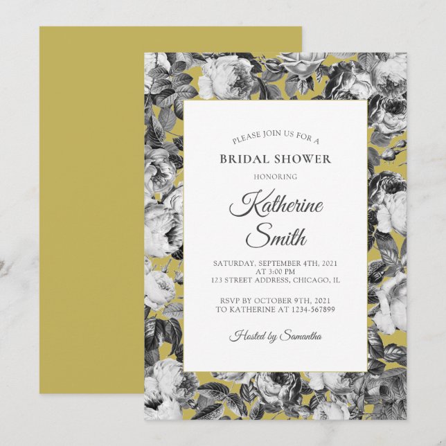 Invitation Elégant Roses blancs noirs sur Fête des mariées or (Devant / Derrière)