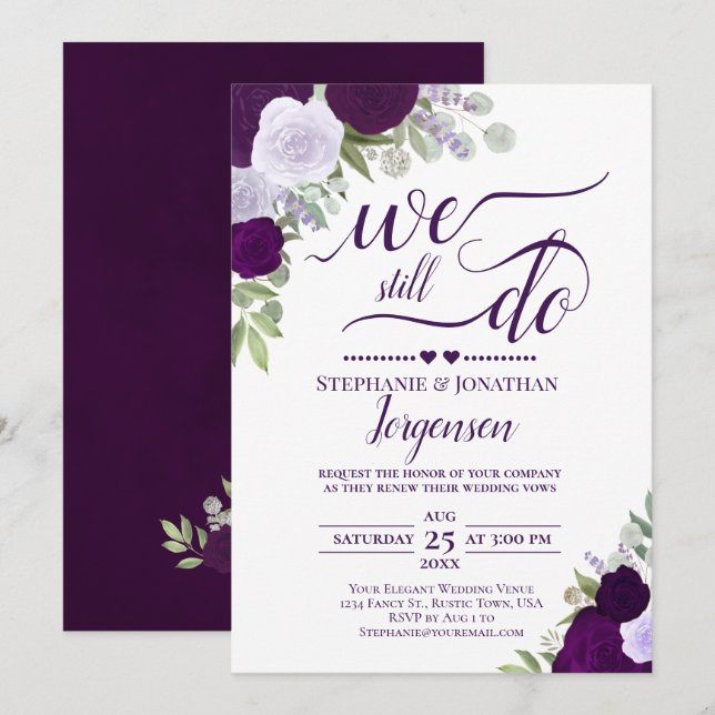 Invitation Élégant Roses Boho Violet Nous Faisons Encore Vow  (Devant / Derrière)