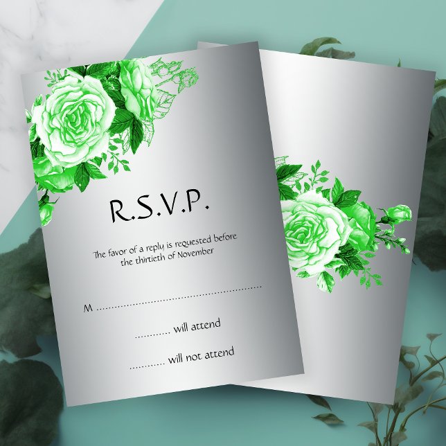 Invitation Elégant Roses d'aquarelle Emerald et RSVP argent (Créateur téléchargé)