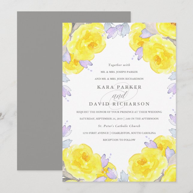 Invitation Elégant Roses d'aquarelle jaune | MARIAGE (Devant / Derrière)