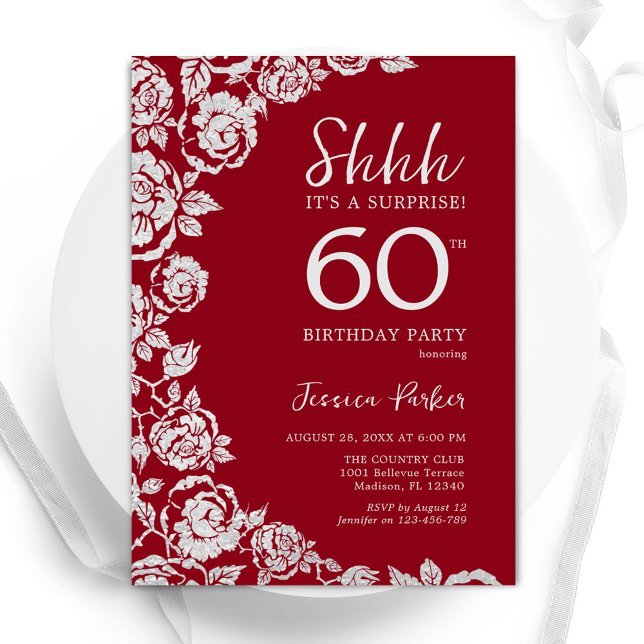 Invitation Elégant Roses d'argent rouge surprise 60e annivers (Créateur téléchargé)