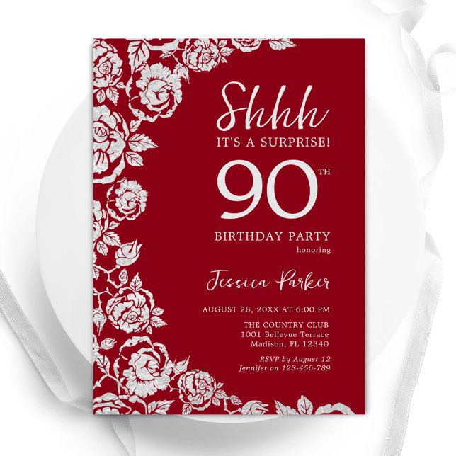 Invitation Elégant Roses d'argent rouge surprise 90e annivers (Créateur téléchargé)