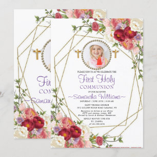 Invitation Élégant Roses d'or Blush Photo première communion