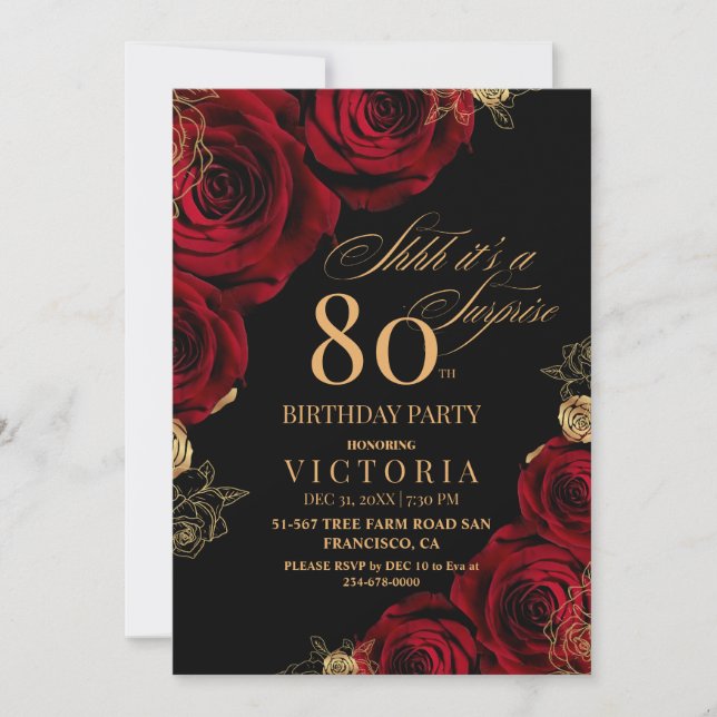 Invitation Elégant Roses noires et rouges Floral 80e annivers (Devant)
