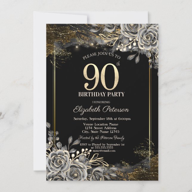 Invitation Elégant Roses noirs, Lumières Black 90e anniversai (Devant)