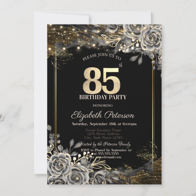 Invitation Elégant Roses noirs, Lumières Noir 85e anniversair (Devant)