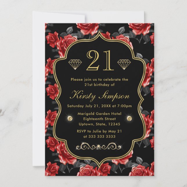 Invitation Elégant Roses rouge et noir avec cadre or Annivers (Devant)