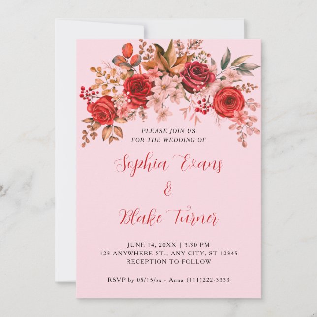 Invitation Élégant Roses rouges Floral Mariage rose doux (Devant)