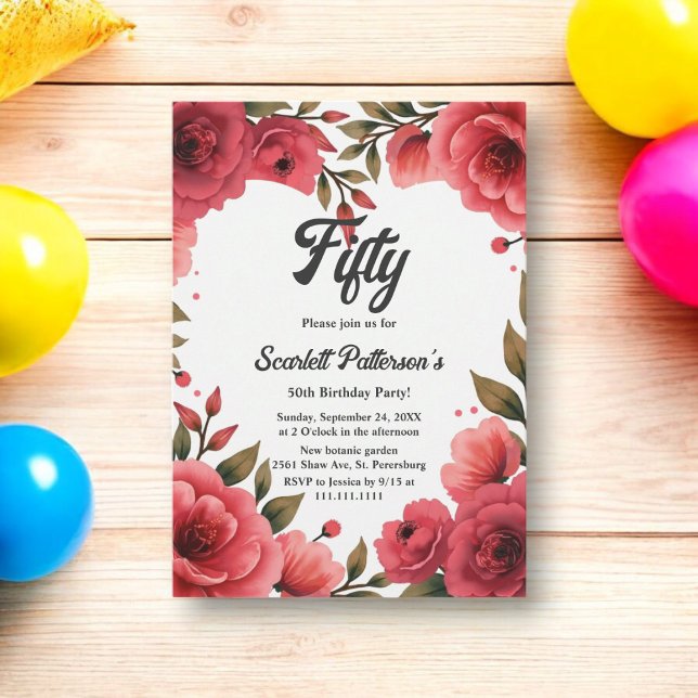 Invitation Elégant Roses Rouges Romantique Floral 50e anniver (Créateur téléchargé)