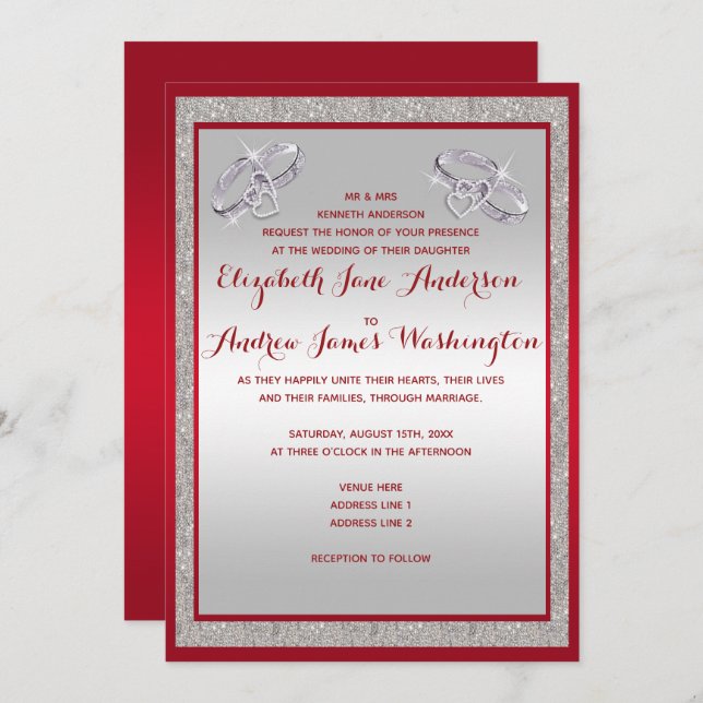 Invitation Élégant Rouby Rouge & Mariage de Bagues Argent Spa (Devant / Derrière)