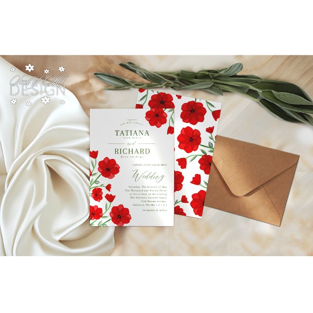 Invitation Elégant Rouge Aquarelle Poppy Floral Garden Mariag (Créateur téléchargé)