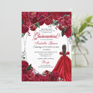 Invitation Elégant Rouge & Argent Floral Quinceanera Annivers