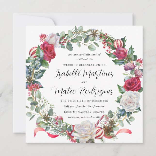 Invitation Élégant Rouge Blanc Floral Mariage de Noël Carré (Devant)
