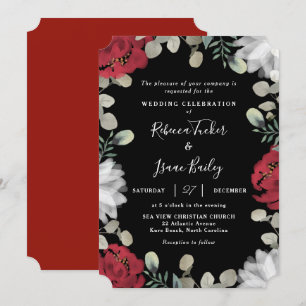 Invitation Elégant Rouge & Blanc Floral Vert Mariage noir