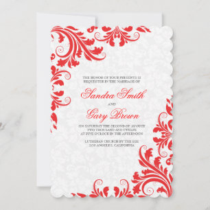 Invitation Elégant rouge dentelle blanc Damas Mariage Invitat