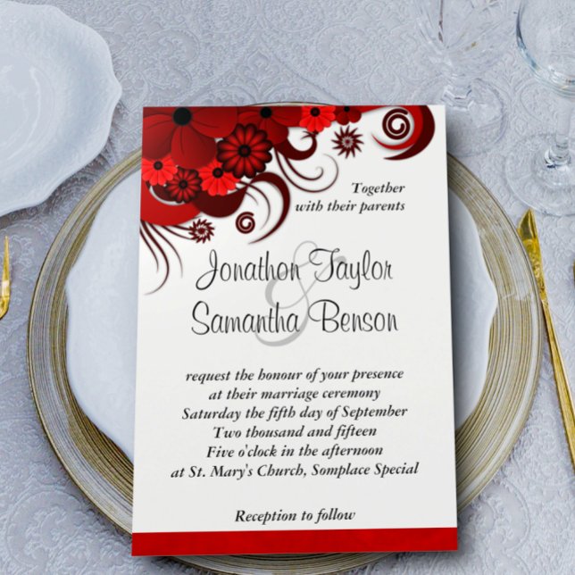 Invitation Élégant Rouge et Blanc Floral Personnalisé Mariage (Créateur téléchargé)