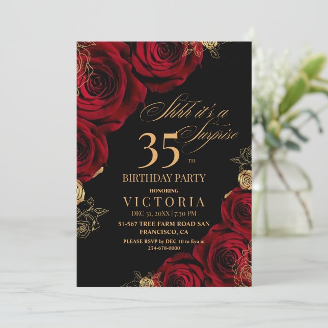 Invitation Elégant rouge et noir Rose 35e anniversaire (Debout devant)