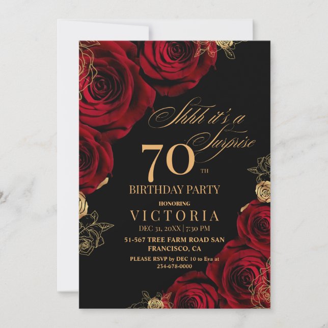 Invitation Elégant rouge et noir Rose 70e anniversaire (Devant)