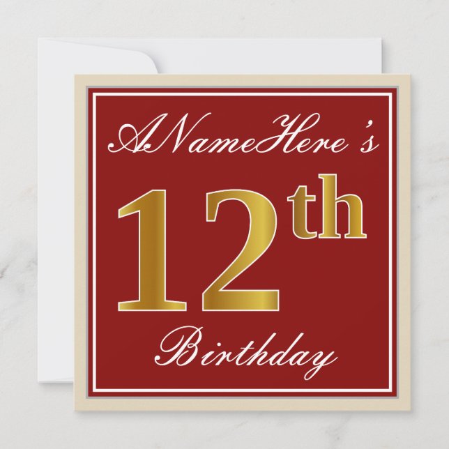 Invitation Elégant, Rouge, Faux Gold 12e anniversaire; Nom pe (Devant)