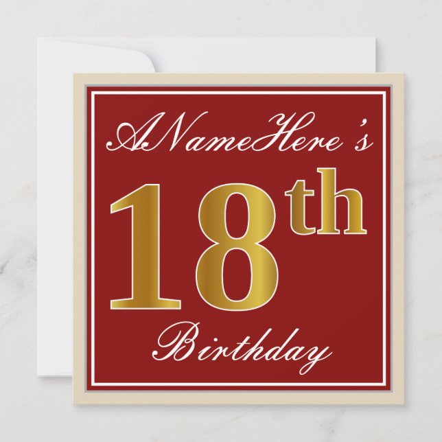 Invitation Elégant, Rouge, Faux Gold 18e anniversaire; Nom pe (Devant)