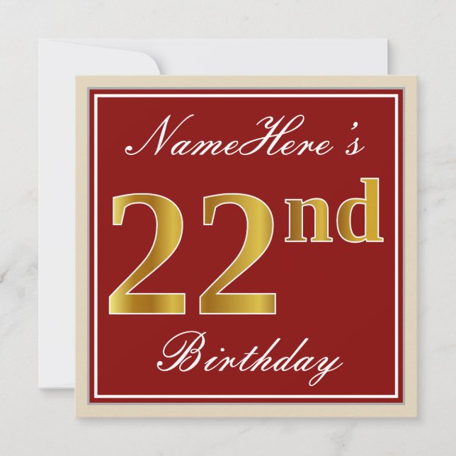 Invitation Elégant, Rouge, Faux Gold 22e anniversaire; Nom pe (Devant)
