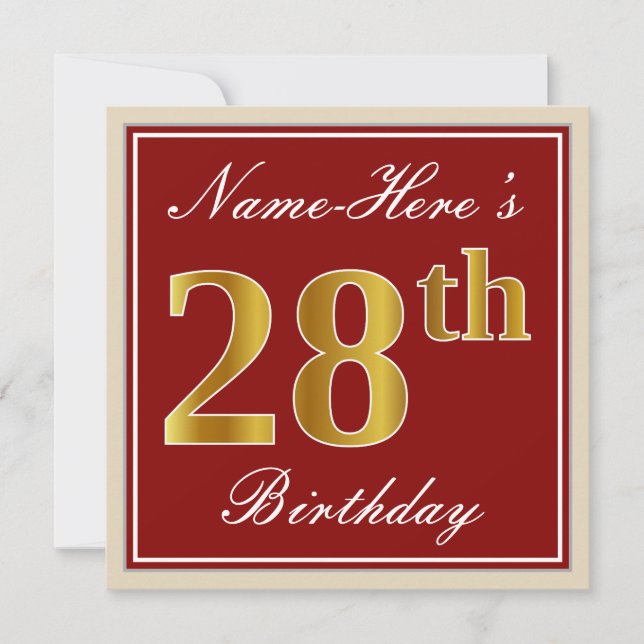 Invitation Elégant, Rouge, Faux Gold 28e anniversaire; Nom pe (Devant)