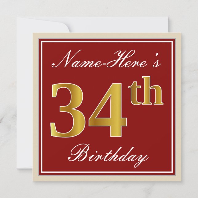 Invitation Elégant, Rouge, Faux Gold 34e anniversaire; Nom pe (Devant)