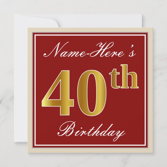 Invitation Elégant, Rouge, Faux Gold 40e Anniversaire; Nom pe (Devant)