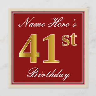 Invitation Elégant, rouge, Faux Gold 41e anniversaire ; Nom p