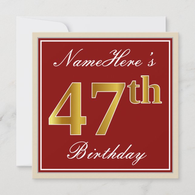 Invitation Elégant, Rouge, Faux Gold 47e anniversaire; Nom pe (Devant)