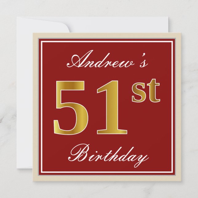 Invitation Elégant, Rouge, Faux Gold 51e anniversaire; Nom pe (Devant)