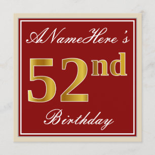 Invitation Elégant, Rouge, Faux Gold 52e anniversaire; Nom pe