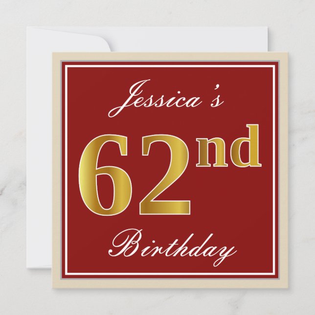 Invitation Elégant, Rouge, Faux Gold 62e anniversaire; Nom pe (Devant)