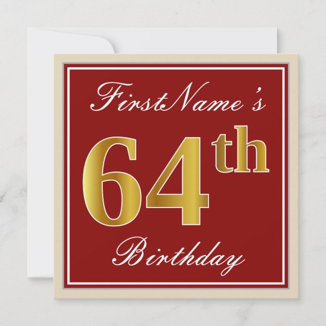 Invitation Elégant, rouge, Faux Gold 64e anniversaire ; Nom p (Devant)