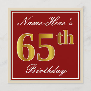 Invitation Elégant, Rouge, Faux Gold 65e anniversaire; Nom pe