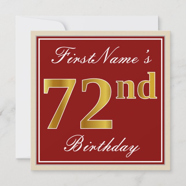 Invitation Elégant, Rouge, Faux Gold 72e anniversaire; Nom pe (Devant)
