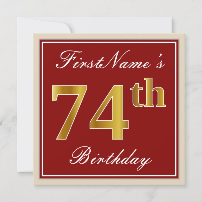 Invitation Elégant, rouge, Faux Gold 74e anniversaire ; Nom p (Devant)