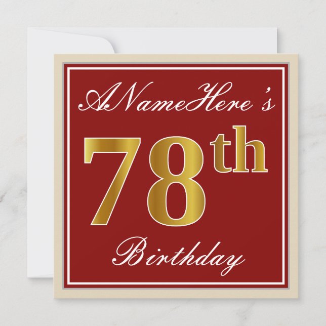 Invitation Elégant, Rouge, Faux Gold 78e anniversaire; Nom pe (Devant)