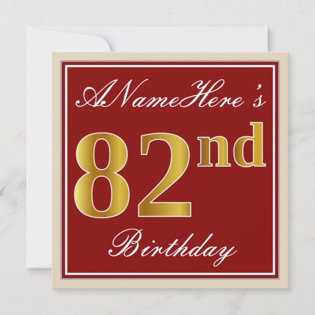 Invitation Elégant, Rouge, Faux Gold 82e anniversaire; Nom pe (Devant)