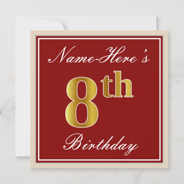 Invitation Elégant, Rouge, Faux Gold 8e anniversaire + Nom pe (Devant)