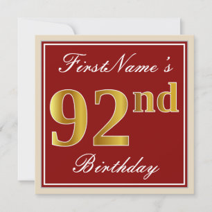 Invitation Elégant, Rouge, Faux Gold 92e anniversaire; Nom pe